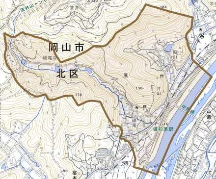 原とその周辺の地図。町の範囲を重ねている
