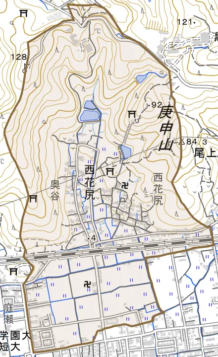 西花尻とその周辺の地図。町の範囲を重ねている