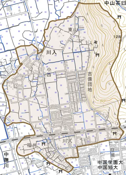川入とその周辺の地図。町の範囲を重ねている