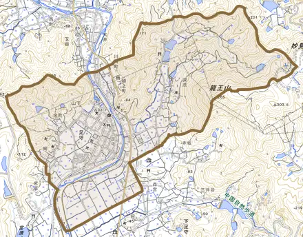 足守とその周辺の地図。町の範囲を重ねている
