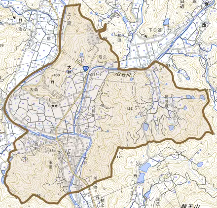 大井とその周辺の地図。町の範囲を重ねている