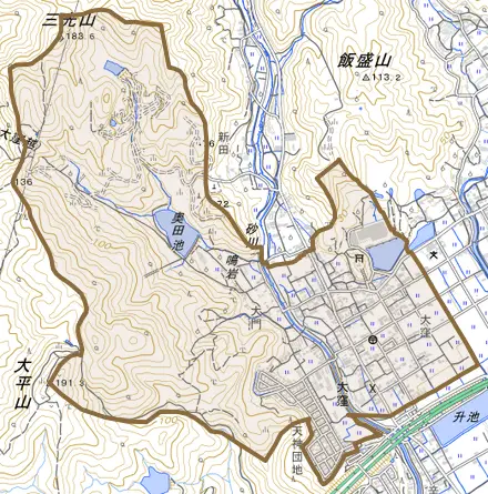 大窪とその周辺の地図。町の範囲を重ねている