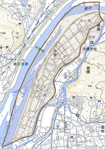 中原とその周辺の地図。町の範囲を重ねている