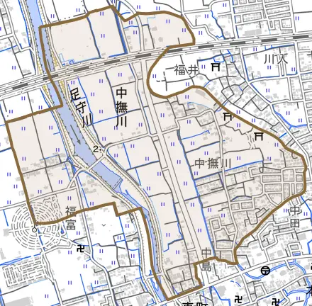 中撫川とその周辺の地図。町の範囲を重ねている
