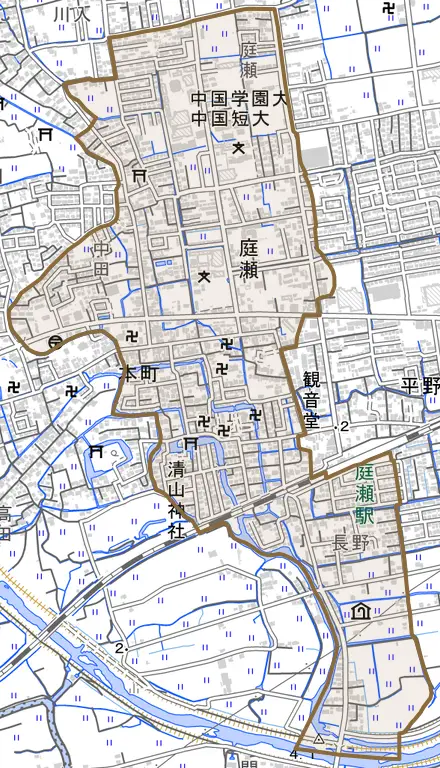 庭瀬とその周辺の地図。町の範囲を重ねている