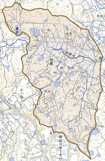 田原とその周辺の地図。町の範囲を重ねている