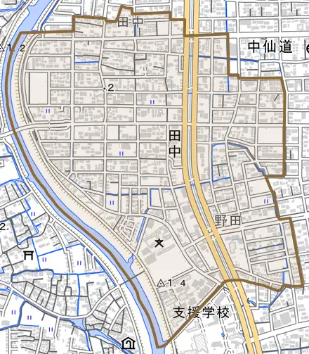 田中とその周辺の地図。町の範囲を重ねている