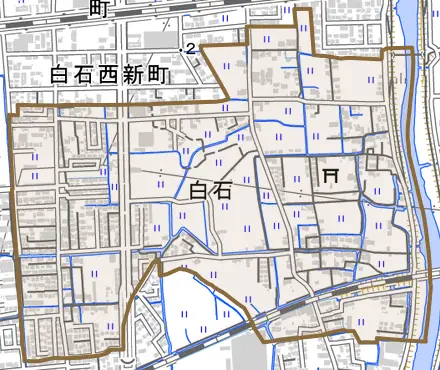 白石とその周辺の地図。町の範囲を重ねている