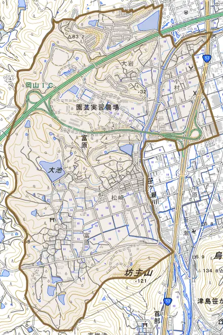 富原とその周辺の地図。町の範囲を重ねている