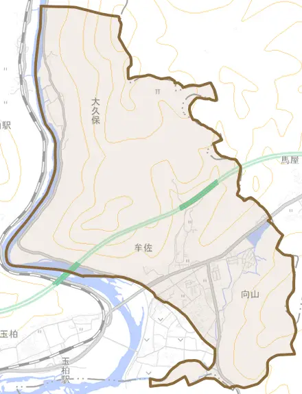 牟佐とその周辺の地図。町の範囲を重ねている