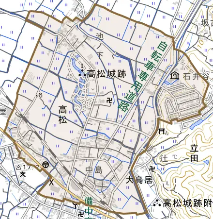 高松とその周辺の地図。町の範囲を重ねている