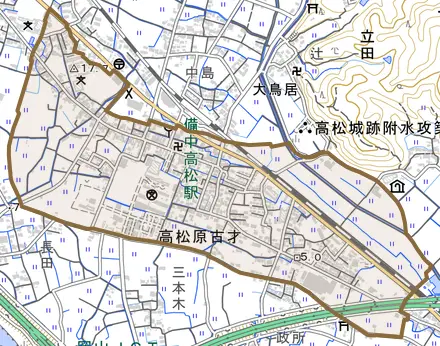 高松原古才とその周辺の地図。町の範囲を重ねている