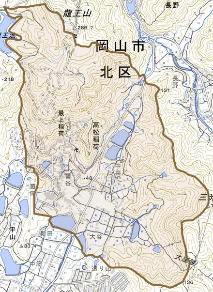 高松稲荷とその周辺の地図。町の範囲を重ねている