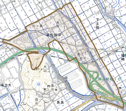 高松田中とその周辺の地図。町の範囲を重ねている