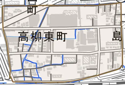 高柳東町とその周辺の地図。町の範囲を重ねている
