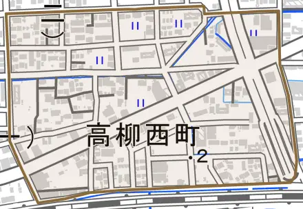高柳西町とその周辺の地図。町の範囲を重ねている