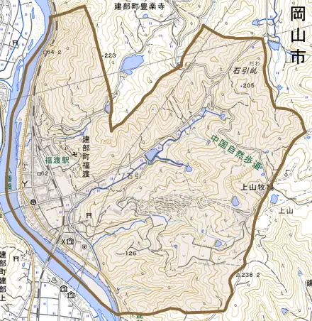 建部町福渡とその周辺の地図。町の範囲を重ねている