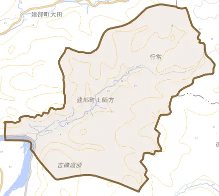 建部町土師方とその周辺の地図。町の範囲を重ねている