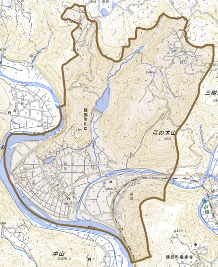 建部町川口とその周辺の地図。町の範囲を重ねている