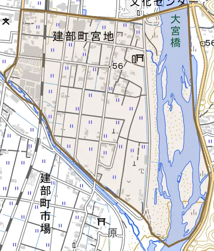 建部町宮地とその周辺の地図。町の範囲を重ねている