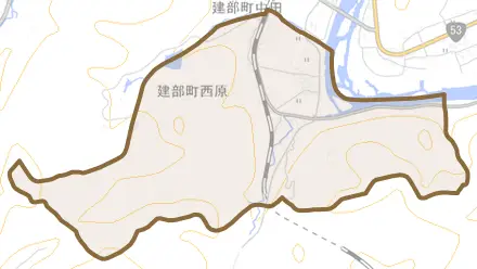 建部町西原とその周辺の地図。町の範囲を重ねている