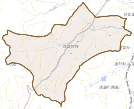 建部町桜とその周辺の地図。町の範囲を重ねている