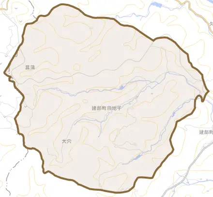 建部町田地子とその周辺の地図。町の範囲を重ねている