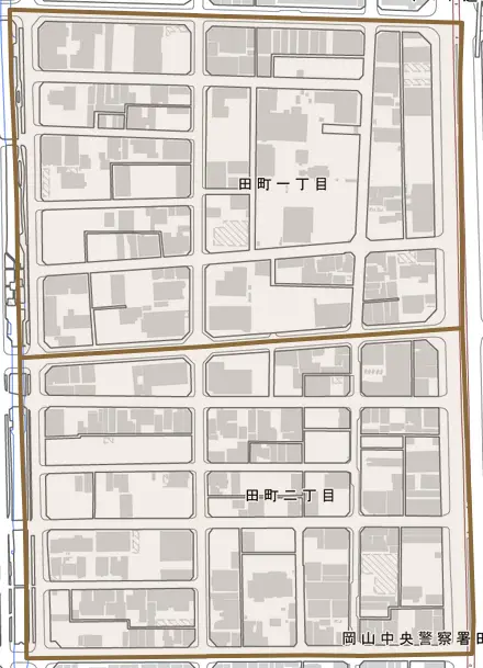 田町とその周辺の地図。町の範囲を重ねている