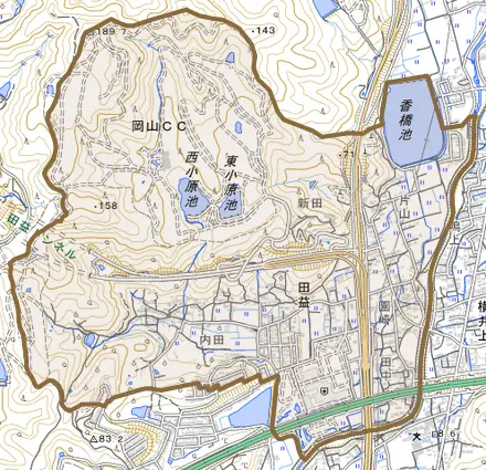 田益とその周辺の地図。町の範囲を重ねている