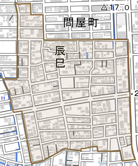 辰巳とその周辺の地図。町の範囲を重ねている