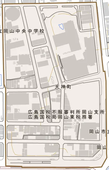 天神町とその周辺の地図。町の範囲を重ねている
