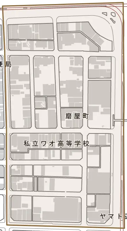 磨屋町とその周辺の地図。町の範囲を重ねている