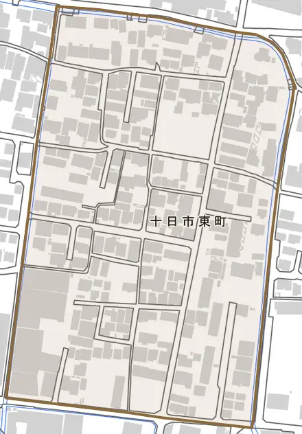 十日市東町とその周辺の地図。町の範囲を重ねている