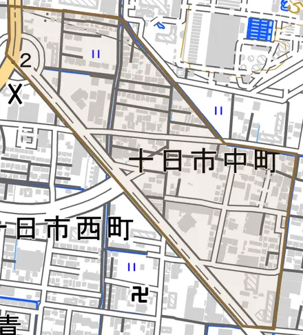十日市中町とその周辺の地図。町の範囲を重ねている