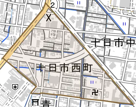 十日市西町とその周辺の地図。町の範囲を重ねている