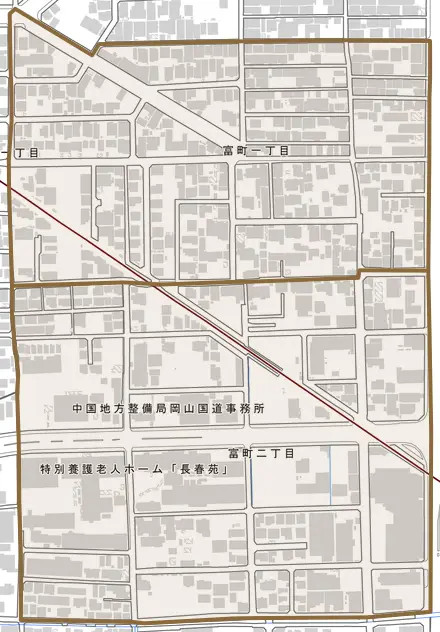 富町とその周辺の地図。町の範囲を重ねている