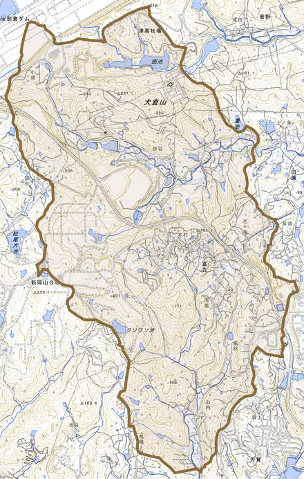 富吉とその周辺の地図。町の範囲を重ねている