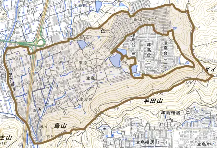 津高とその周辺の地図。町の範囲を重ねている