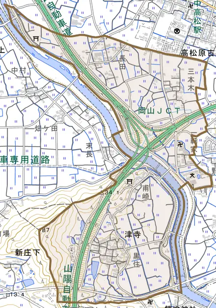 津寺とその周辺の地図。町の範囲を重ねている