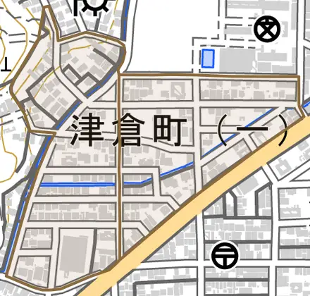 津倉町とその周辺の地図。町の範囲を重ねている