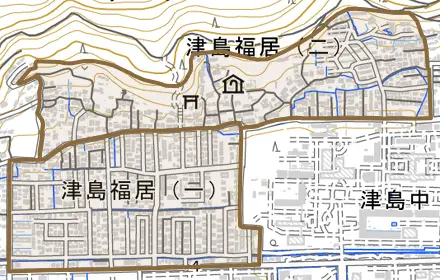 津島福居とその周辺の地図。町の範囲を重ねている