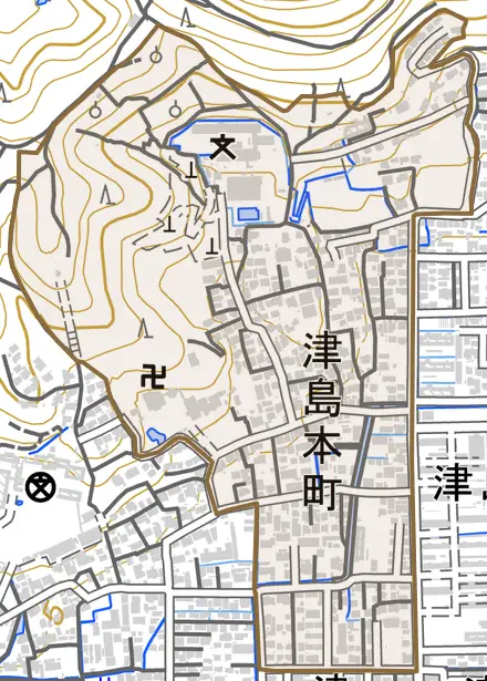 津島本町とその周辺の地図。町の範囲を重ねている