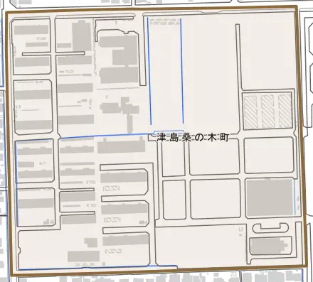 津島桑の木町とその周辺の地図。町の範囲を重ねている