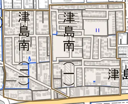 津島南とその周辺の地図。町の範囲を重ねている