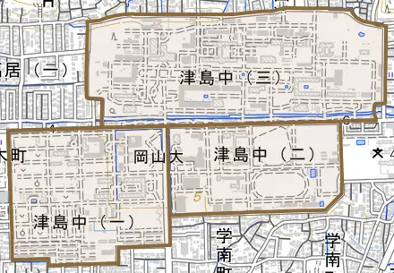 津島中とその周辺の地図。町の範囲を重ねている