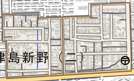 津島新野とその周辺の地図。町の範囲を重ねている