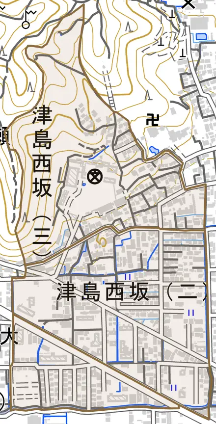 津島西坂とその周辺の地図。町の範囲を重ねている