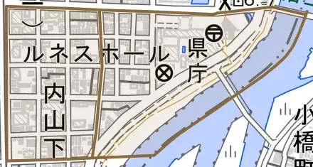 内山下とその周辺の地図。町の範囲を重ねている