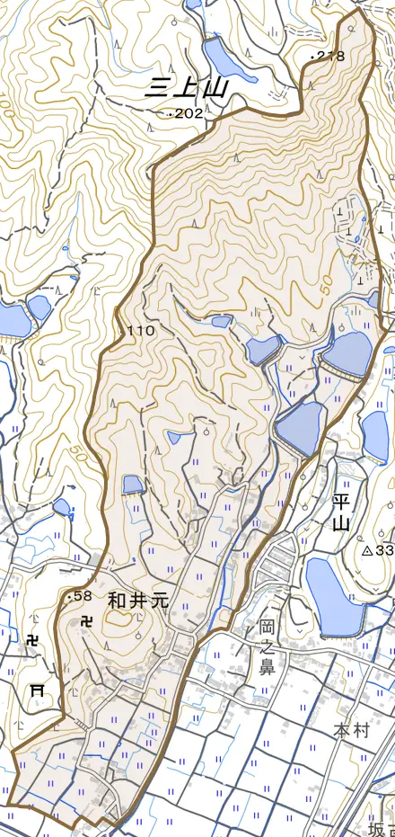 和井元とその周辺の地図。町の範囲を重ねている