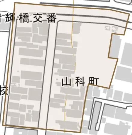 山科町とその周辺の地図。町の範囲を重ねている